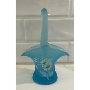 Vtg Westmoreland Glass Blue‎ Satin Glass Frosted Basket Hand Painted White Daisy